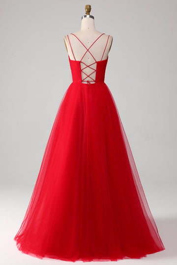 Red Tulle Spaghetti Strap A-line Prom Dress